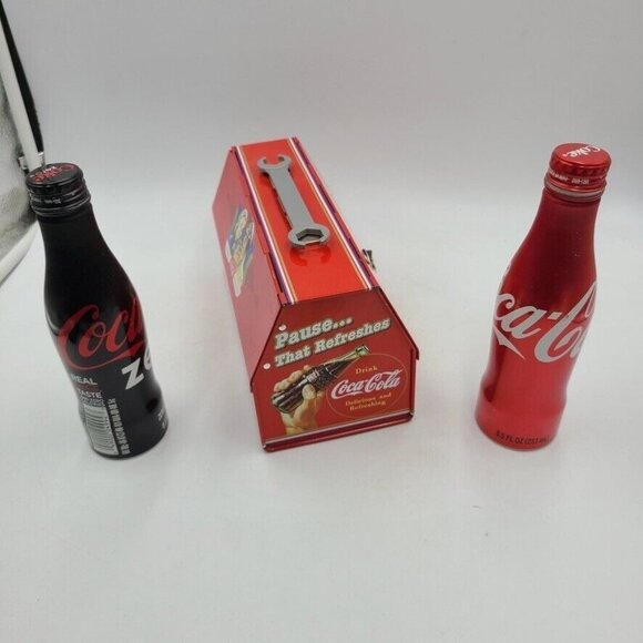 Coca Cola Metal Lunch Box Tin Collectible Red Wrench Toolbox 2 Bottles - Picture 5 of 7